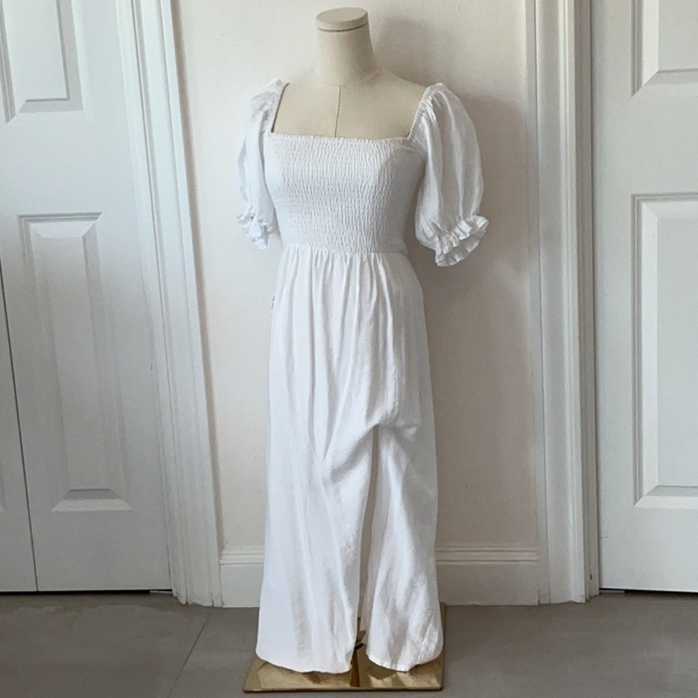 White Asymmetrical Smocked Maxi Dress